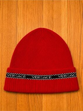 Versace Red Logo Tape Runway Beanie Hat